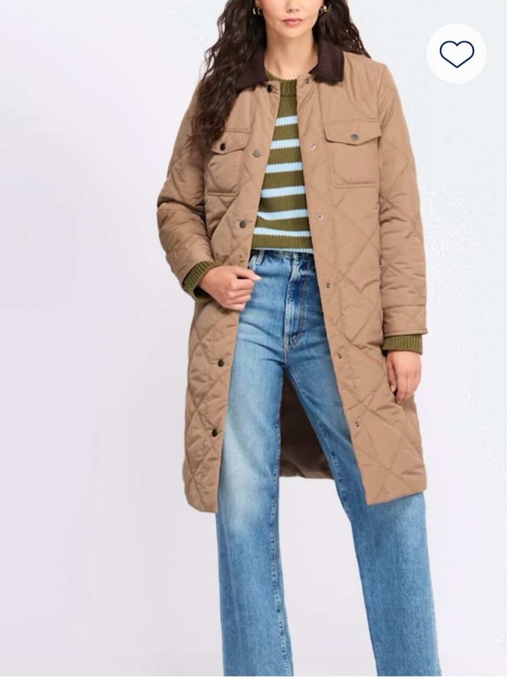 CoffeeShop Quilted Long Jacket with Contrast Collar - Tan